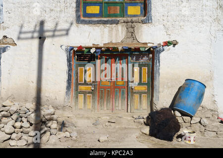 Triple entrance door of a typical Tibetan house in Lo Manthang, Upper Mustang region, Nepal. Stock Photo