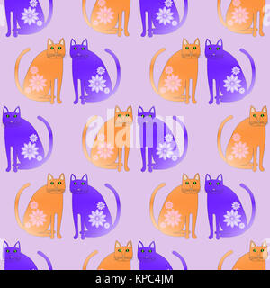 Seamless background. Abstract fantasy cats orange and purple with blossoms on them are sitting mirror-inverted on lilac background. Stock Photo