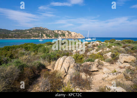 Sailing boats at a rocky bay, Romazzino, Costa Smeralda, Sardinia, Italy, Mediterranean sea, Europe Stock Photo