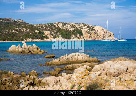 Sailing boats at a rocky bay, Romazzino, Costa Smeralda, Sardinia, Italy, Mediterranean sea, Europe Stock Photo