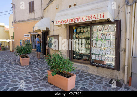 Coralli shop, jewellery made of red corals, jewellery shop at Alghero, Sardinia, Italy, Mediterranean sea, Europe Stock Photo