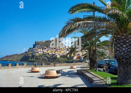 Promenade at the village Castelsardo with view on fortress on top of hill, Sardinia, Italy, Mediterranean sea, Europe Stock Photo