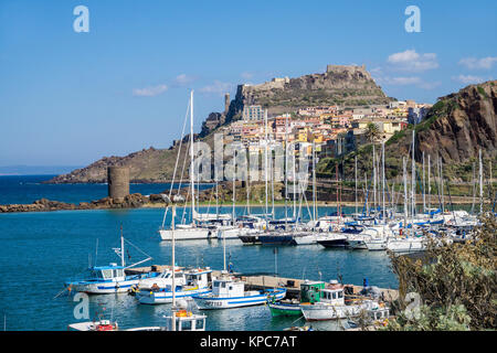 View from the harbour on the village Castelsardo, Sardinia, Italy, Mediterranean sea, Europe Stock Photo