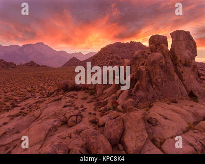 aerial view of rock formations at sunset in the Alabama Hills, Sierra Nevada Mountains, California Stock Photo