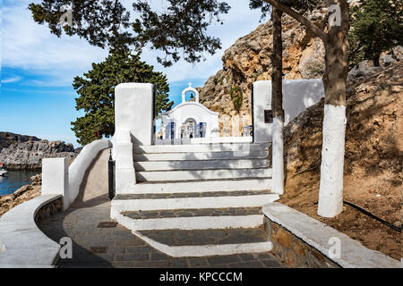 Wedding chapel ready for ceremony in St. Paul´s bay on Rhodes, Greece Stock Photo