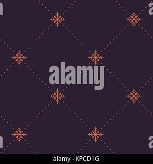 Seamless vector pattern. Simple christmas winter motif with orange snowflakes in purple background. Stock Vector
