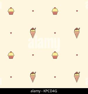 Seamless vector pattern. Candies motif. Ice cream cup cake and hearts. Stock Vector