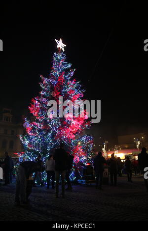 Bucharest, Romania - December 09, 2017: Nightscene in Bucharest center when the Christmas lights and decorations are on. Stock Photo