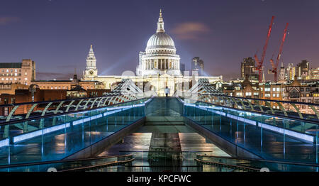 Millenium Bridge and St Paul's Cathedral by night, London, England, Great Britain Stock Photo