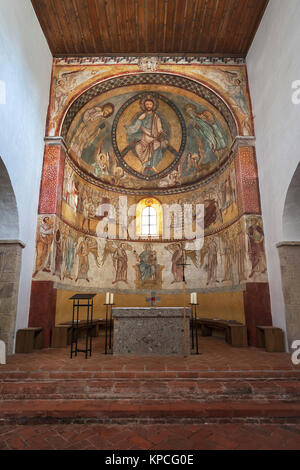 Altar room with fresco, Romanesque basilica St. Peter and Paul, Petersberg near Erdweg, Dachau, Upper Bavaria, Bavaria, Germany Stock Photo