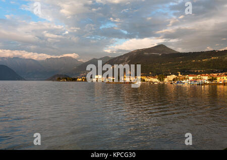 Lake Iseo, Italy. Picturesque dusk view of Lake Iseo, and the town of Iseo. The scene was captured looking eastwards from the southern shores of Lake  Stock Photo