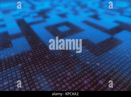 3d illustration of a concept image of digital data. Binary code and quick response code. Stock Photo