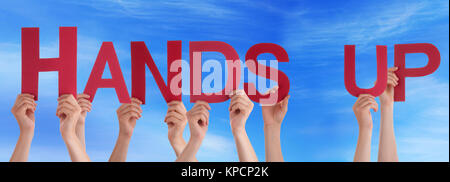 Many Caucasian People And Hands Holding Red Straight Letters Or Characters Building The English Word Hands Up On Blue Sky Stock Photo