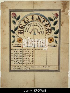 Illustrated fraktur, a type of illuminated folk art created by the Pennsylvania Dutch (Pennsylvania German) to record family histories, 1850. Stock Photo