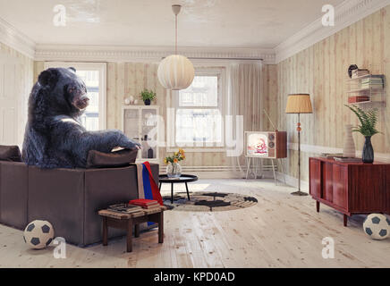 The Russian bear relaxing in the room on the sofa, watching the soccer on tv. Creative illustration. 2018 FIFA World Cup cocept, Photo and CG elements Stock Photo