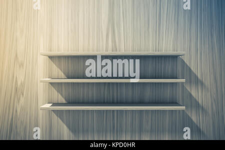 3d isolated Empty shelf for exhibit on wood background Stock Photo