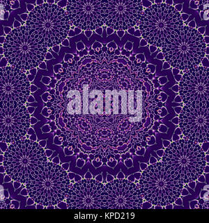 Abstract geometric seamless circle background. Delicate and ornate mosaic ornament in purple and violet shades with white outlines. Dreamy and extensive floral pattern. Stock Photo