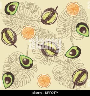 Hand drawn sketch style vector pattern of tropical fruits and leaves. Stock Vector