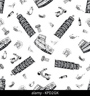 Seamless pattern of sketch style Italy themed objects. Vector illustration isolated on white background. Stock Vector