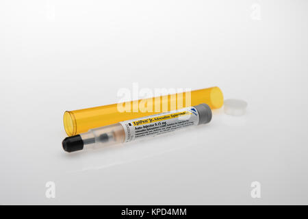 A junior Epipen which carries a shot of adrenaline to be used in an emergency incase of an life threatening allergic reaction Stock Photo