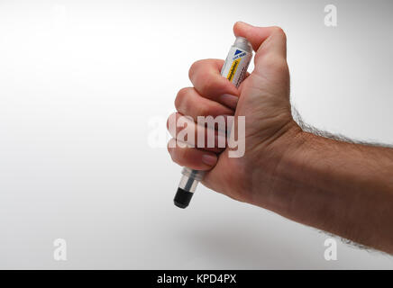 A junior Epipen which carries a shot of adrenaline to be used in an emergency incase of an life threatening allergic reaction Stock Photo