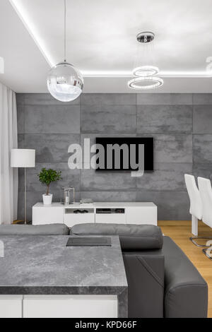 Concrete rectangular tiles on wall in living room of modern apartment Stock Photo