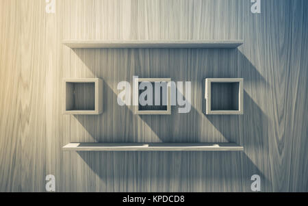 3d isolated Empty shelf for exhibit on wood background Stock Photo