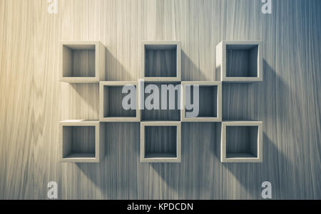 3d isolated Empty shelf for exhibit on wood background Stock Photo