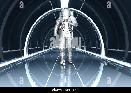 A Astronaut walking in a space station. 3D rendered illustration. Stock Photo