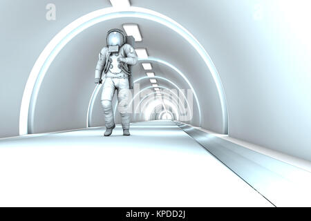 A Astronaut walking in a space station. 3D rendered illustration. Stock Photo