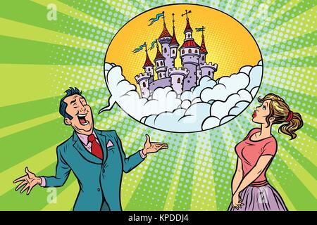 Confident businessman offers a woman fabulous castle in the sky Stock Vector