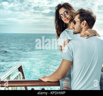Cheerful couple relaxing on the boat - summer shot Stock Photo
