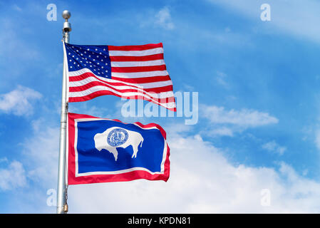 American and Wyoming State Flag Stock Photo