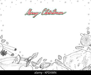 Illustration Frame of Hand Drawn Sketch of Wassail and Torrone or Nougat Sign for Christmas Season. Stock Vector