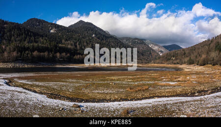 Winter landscape: Panorama of the Kruth-Wildenstein Lake in the Vosges mountains on beautiful day, Vosges, France. Stock Photo