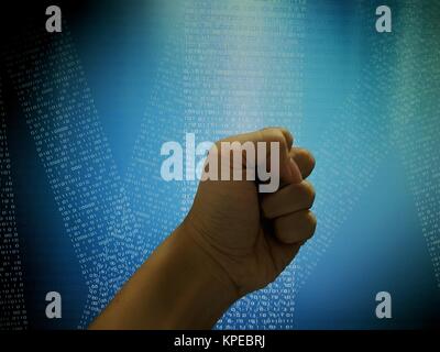 Hand in front of coding on computer screen display. Blue binary code background. Stock Photo