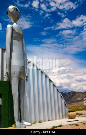 Metal space alien posted at the Alien Research Center on the Extraterrestrial Highway, Route 375, in the Nevada desert. Stock Photo