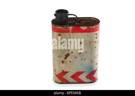 Old weathered tin can isolated on white background Stock Photo