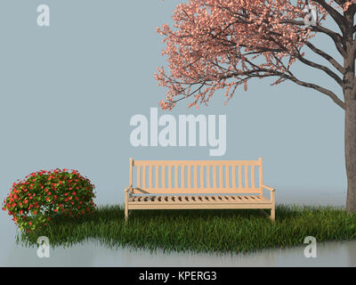 3d bench under a flower blooming tree Stock Photo