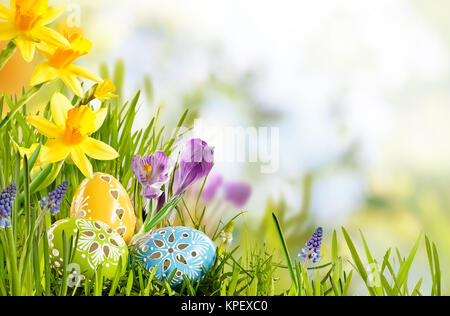 Fresh Easter background in a spring meadow with three colorful and decorative eggs nestling in grass below assorted spring flowers with a butterfly and copy space for advertising concepts. Stock Photo