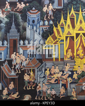 Thai mural painting on temple wall Stock Photo