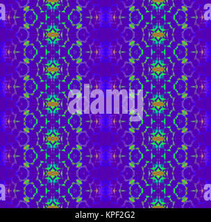 Abstract geometric seamless background. Ornate stripes pattern with various elements in lime green, yellow and dark blue on purple. Stock Photo