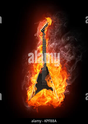 Electric Guitar in fire Isolated on Black Background. Computer Graphics