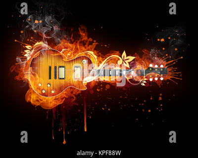 Electric Guitar in fire Isolated on Black Background. Computer Graphics. Stock Photo