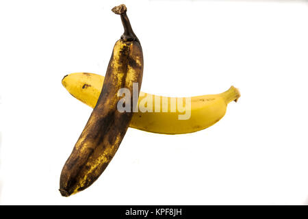 One yellow banana and one older brown banana with white background Stock Photo