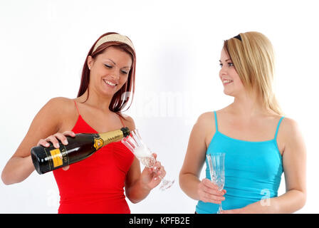 Zwei junge Frauen trinken gemeinsam Sekt - young women drinking sparkling wine Stock Photo