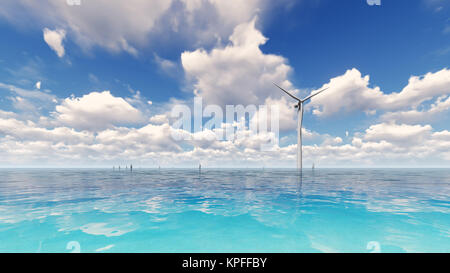 Wind turbine generating electricity on sea 3D render