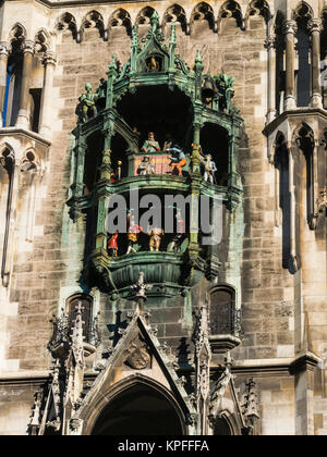 St Peters Tower Glockenspiel on front of New Town Hall Rathaus Marienplatz Munich Bavaria Germany EU