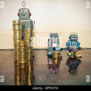 A line of retro toys with staks of gold coines on a wooden floor concept equality Stock Photo