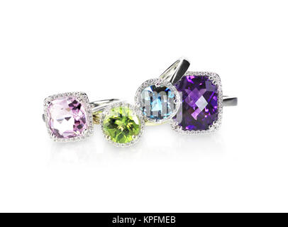 Multi colored fine gemstone ring grouping set Stock Photo